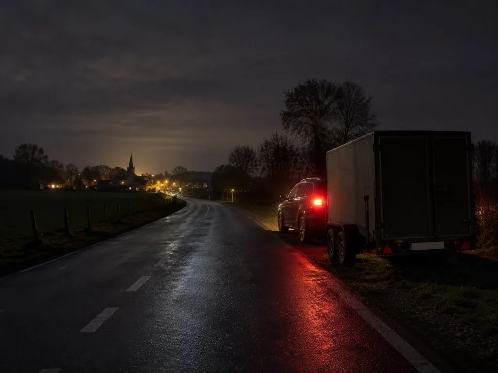 U parkeert uw samenstel (auto met aanhangwagen) 's nachts buiten de bebouwde kom langs de rijbaan. Welke lichten laat u aan?