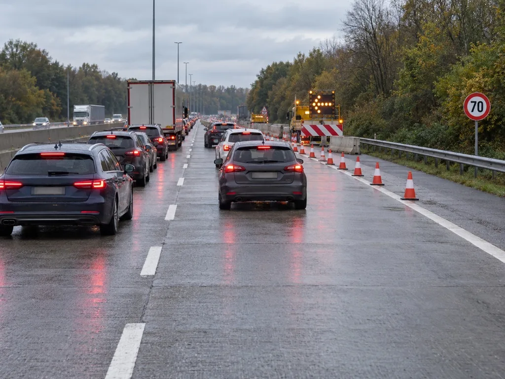 Autosnelweg met wegenwerken, rechterrijstrook eindigt, verkeer in file.