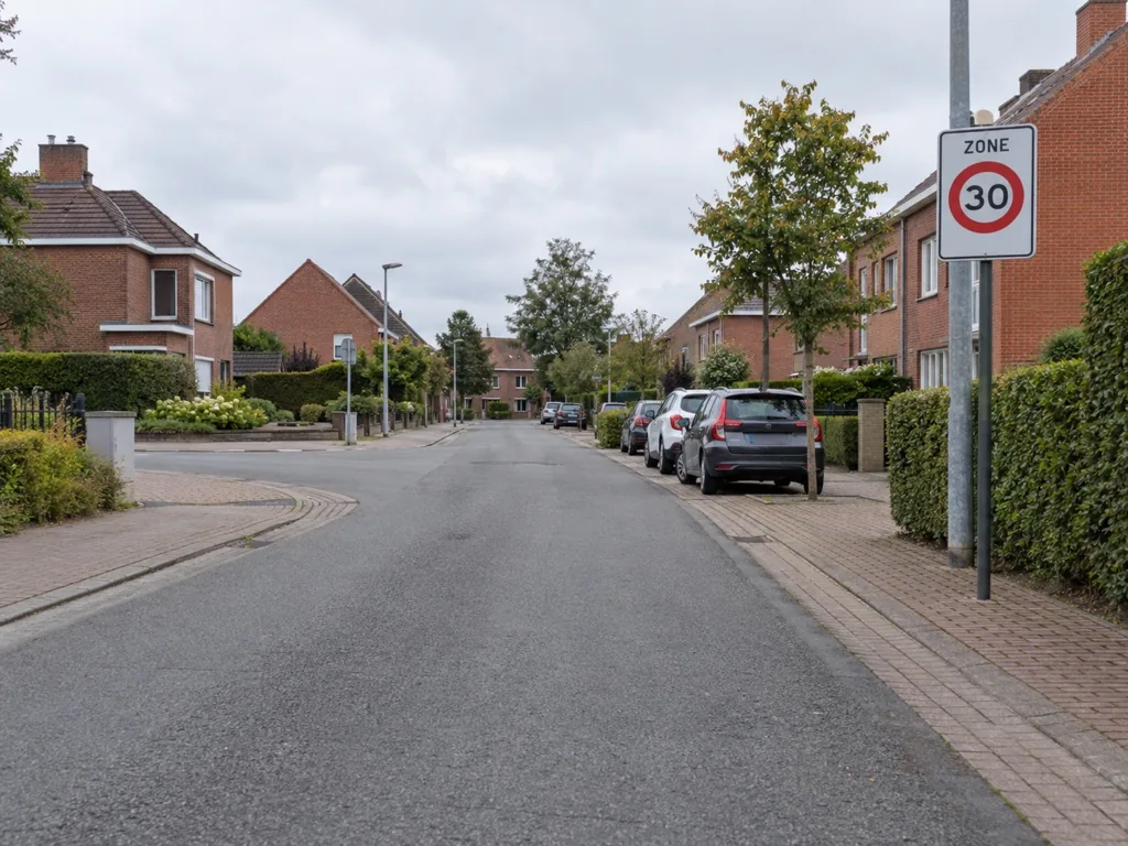 Begin van een woonwijk met een zonebord rechts en een zijstraat verderop links.