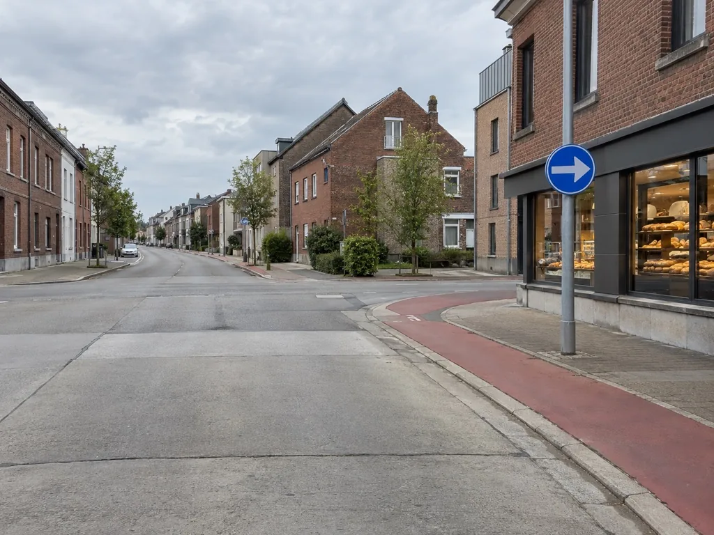 Kruispunt in een stad met een zijstraat naar rechts; het bord staat op een paal aan de hoek.