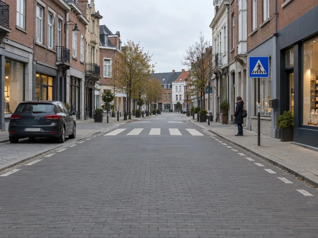 Zebrapad in een winkelstraat, voetganger wacht aan de stoeprand.