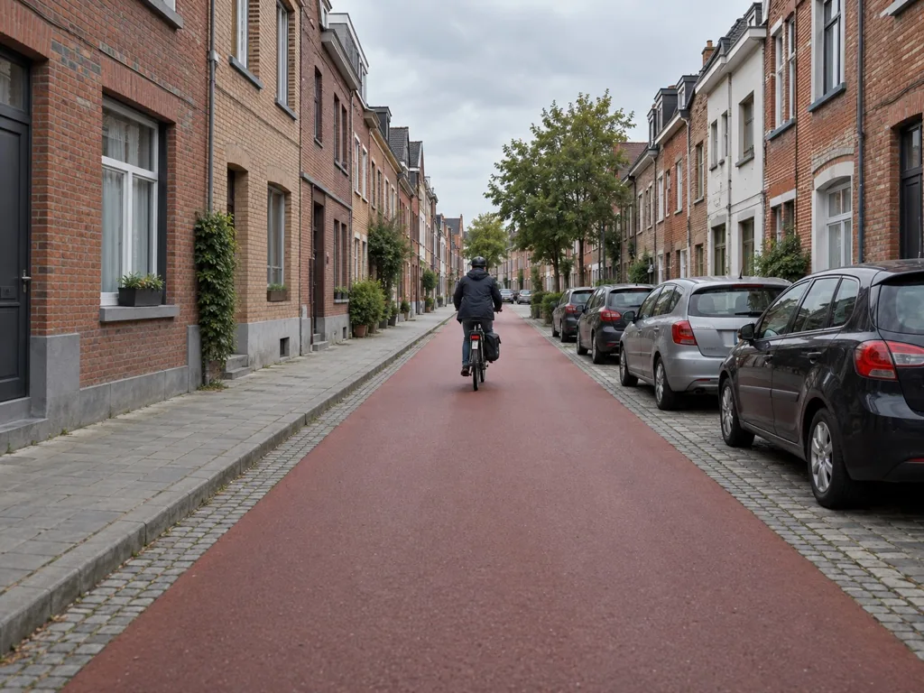Fietszone met rood wegdek, fietser midden op de rijbaan.