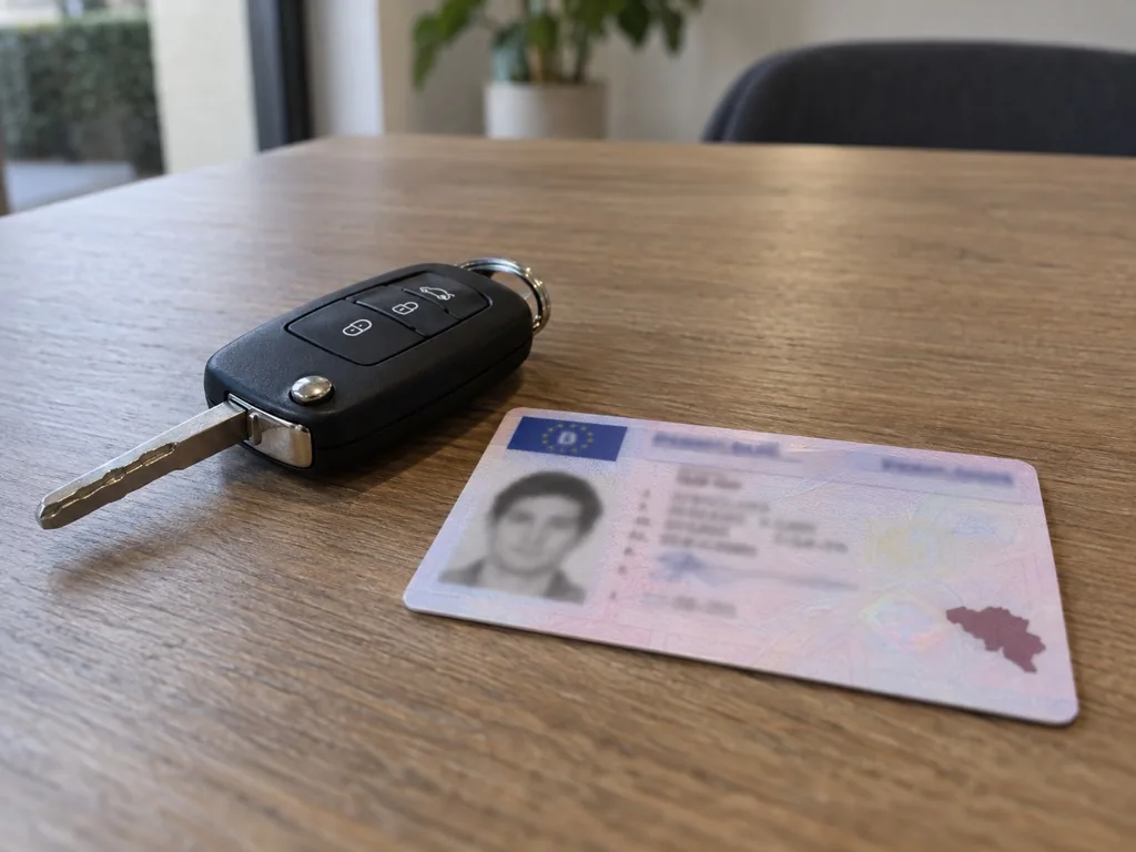 Een voorlopig rijbewijs naast een autosleutel op een tafel.