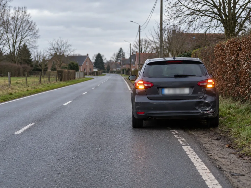 Een auto staat met alarmlichten aan langs een rustige weg na een lichte botsing.