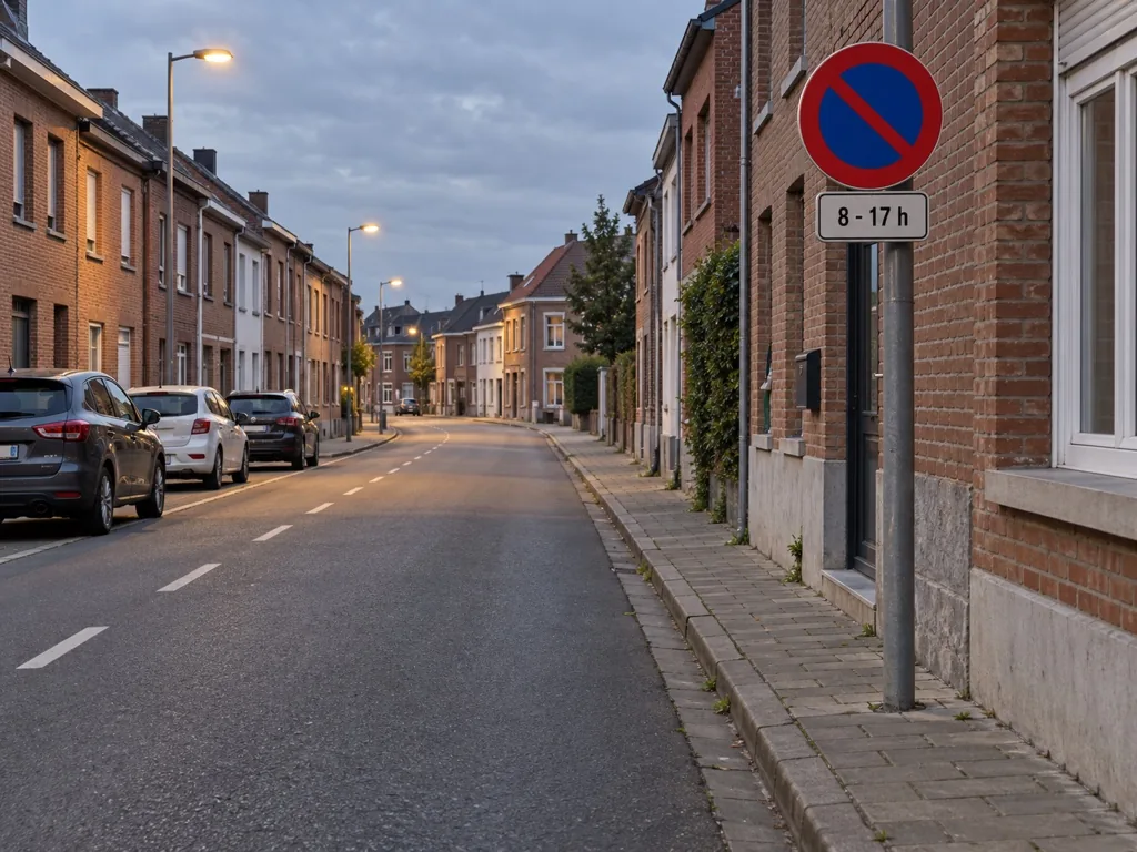Verbodsbord met een onderbord met een tijdsaanduiding, avondlicht.