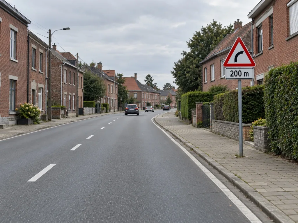Gevaarsbord met een wit onderbord langs een gewone weg.