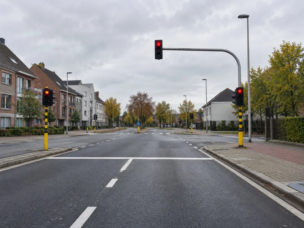 Kruispunt met rood licht en brede stopstreep, geen ander verkeer.