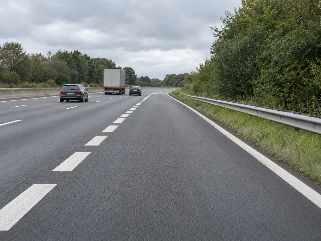 Oprit naar een autosnelweg met versnellingsstrook, verkeer op de rechterrijstrook.