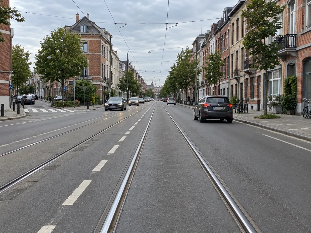 Stadsstraat met tramsporen in het midden van de rijbaan, een tram nadert van achter.