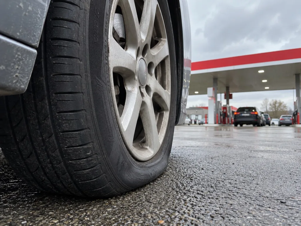 Close-up van een zichtbaar wat slappe autoband bij een tankstation.