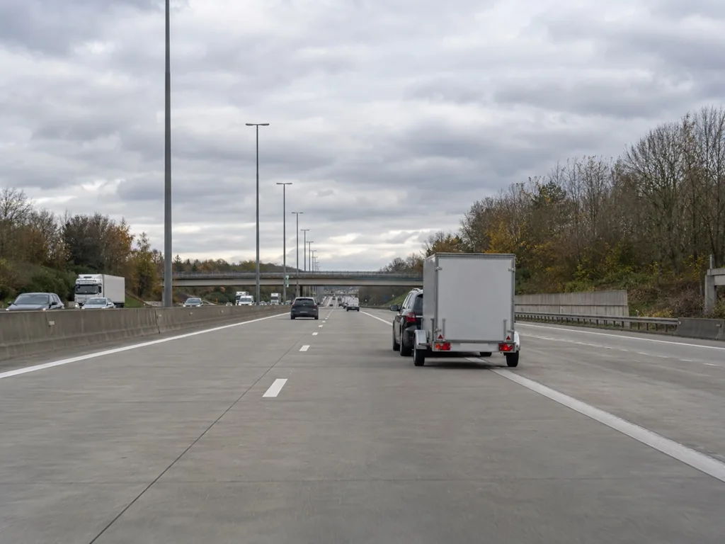 Personenwagen met aanhangwagen op de rechterrijstrook van een autosnelweg.