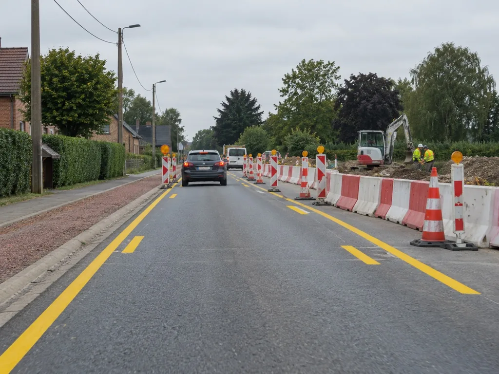 Wegenwerken met afgebakende, versmalde rijstrook en arbeiders in fluohesjes.