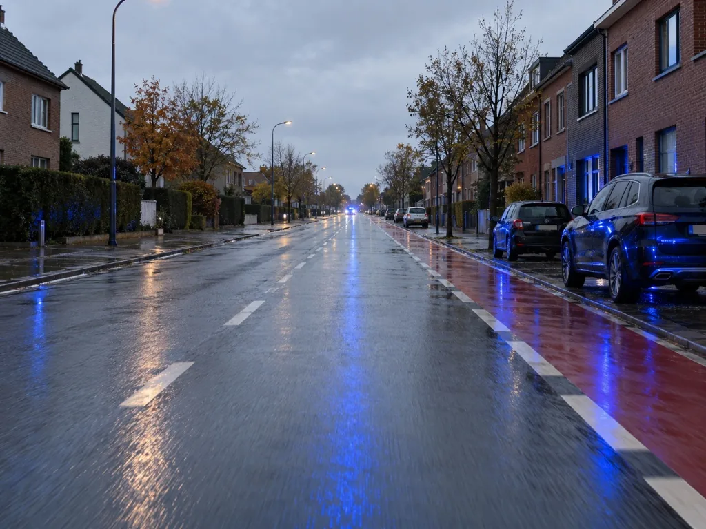 Gewone weg, in de verte nadert een voertuig met blauwe lichten van achteren.