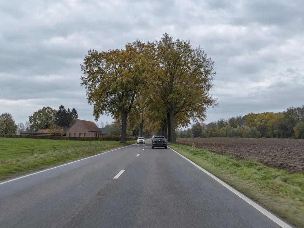 Landelijke weg waar u van Wallonië naar Vlaanderen rijdt, zonder snelheidsborden.