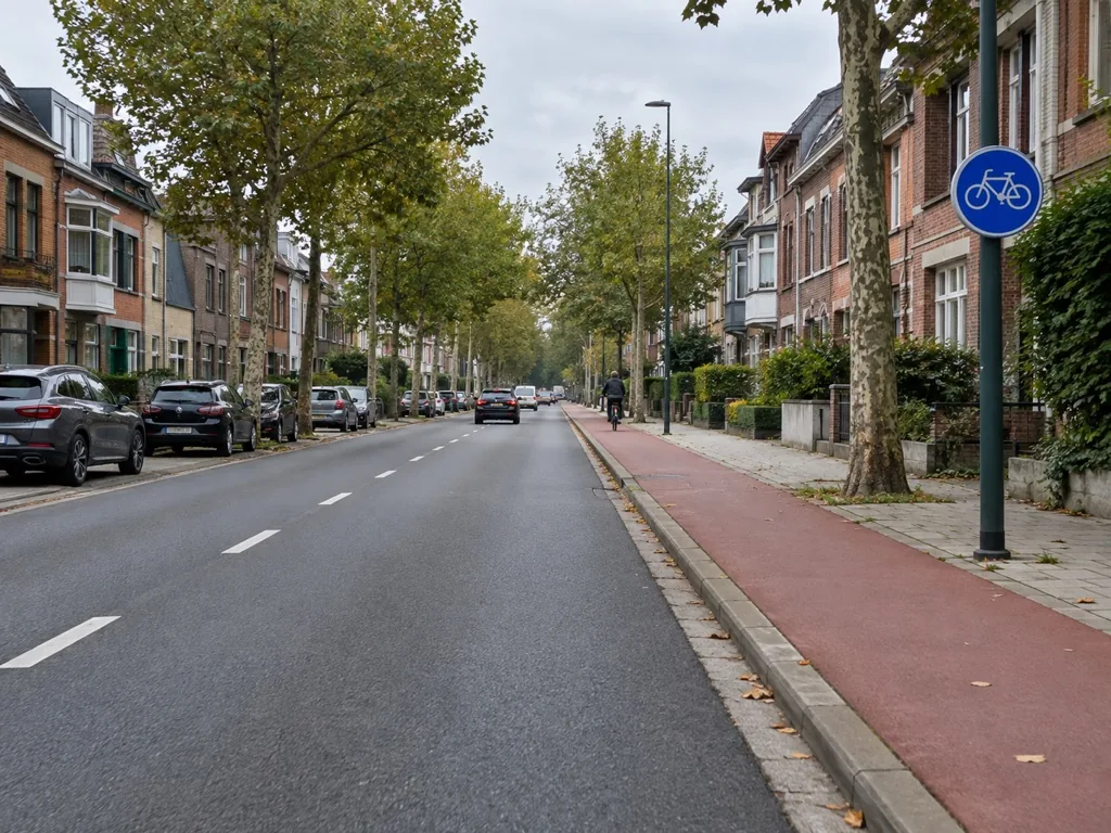 Woonstraat met een rood fietspad rechts van de rijbaan; het bord staat op een paal naast het fietspad.