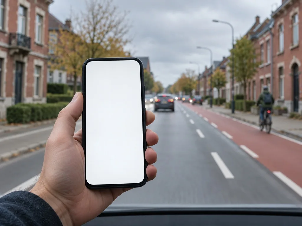 Gsm met opgelicht scherm in de hand van een bestuurder.
