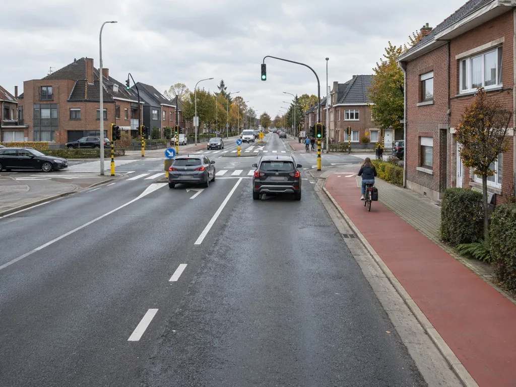 U wilt rechts afslaan. Een fietser rijdt op het fietspad rechtdoor. Wat doet u?